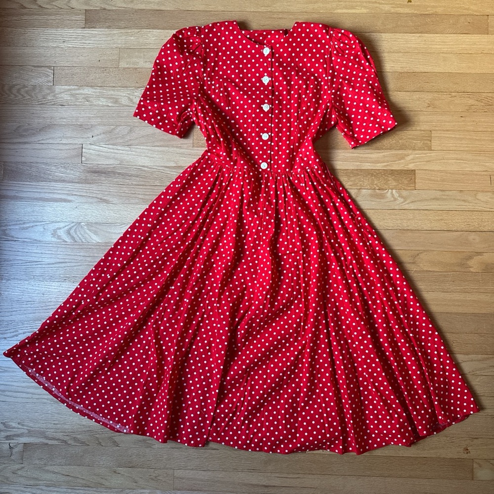 Vintage puff sleeve cotton red polka dot dress